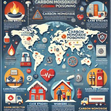 Global infographic showing the impact of carbon monoxide (CO) poisoning, featuring case studies like a family near a faulty furnace in winter and workers using gasoline-powered equipment in enclosed spaces. A world map shows CO poisoning prevalence, with text emphasizing prevention steps like CO detectors and appliance maintenance. Colors use red and blue to signify health and safety.