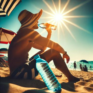 A beachgoer staying hydrated under the hot sun to prevent sun poisoning, emphasizing the importance of drinking water in high heat conditions