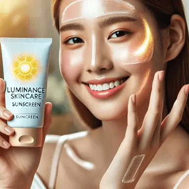 Smiling woman holding Luminance Skincare sunscreen, demonstrating the product on her face. Perfect for sun protection, this sunscreen provides a glowing complexion and is suitable for daily skincare routines