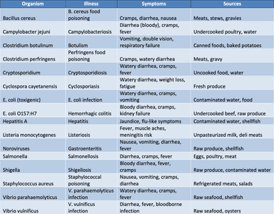 Comprehensive chart detailing bacterial causes of foodborne illnesses, including symptoms such as diarrhea, nausea, and vomiting, along with associated food sources like meats, poultry, and raw produce.