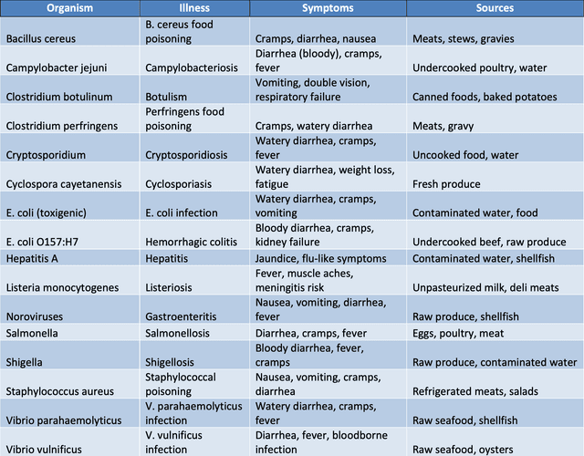 Comprehensive chart detailing bacterial causes of foodborne illnesses, including symptoms such as diarrhea, nausea, and vomiting, along with associated food sources like meats, poultry, and raw produce.