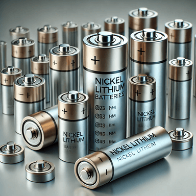 Detailed image of Nickel Lithium batteries in various sizes, featuring cylindrical metallic designs with distinct labeling. The batteries are shown standing upright and lying flat, with polished reflective surfaces, ideal for devices requiring high-energy storage.