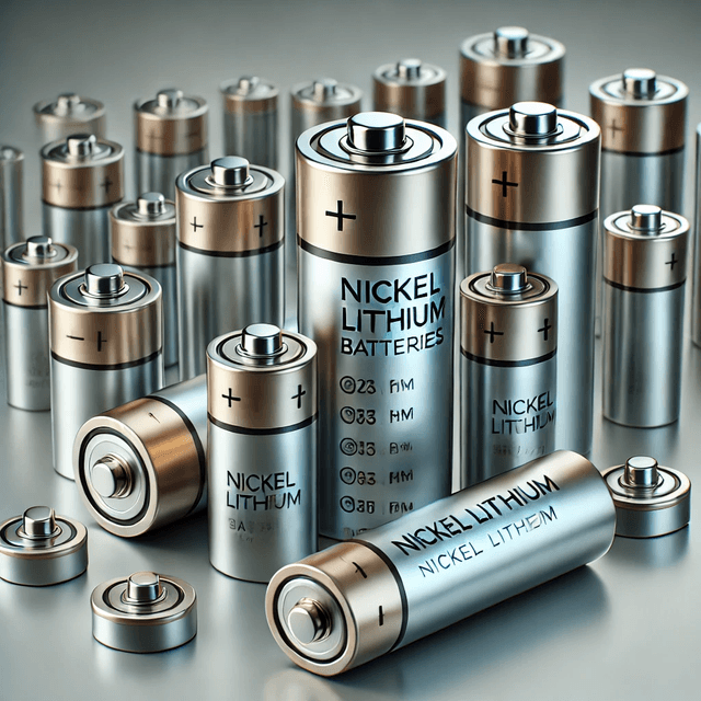 Detailed image of Nickel Lithium batteries in various sizes, featuring cylindrical metallic designs with distinct labeling. The batteries are shown standing upright and lying flat, with polished reflective surfaces, ideal for devices requiring high-energy storage.