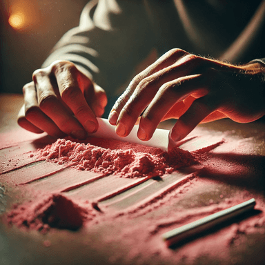 A close-up image showing moderate pink cocaine powder spread across a table, with a person carefully preparing a cigarette from the substance. The scene highlights themes of drug preparation, substance use, and the dangers of pink cocaine as a public health concern.