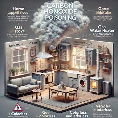 Infographic showing common household sources of carbon monoxide (CO) in a room with a gas stove, furnace, and water heater. Transparent smoke fills the room, symbolizing the invisible CO gas, with red warning labels identifying each CO source. Educational text notes that CO is colorless and odorless.