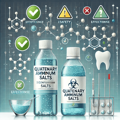 An educational illustration featuring a disinfectant bottle and dental rinse labeled with quaternary ammonium compounds, surrounded by green checkmarks for efficacy and red caution symbols for potential safety concerns. The background includes molecular diagrams and gradients of blue and white, representing hygiene and scientific analysis