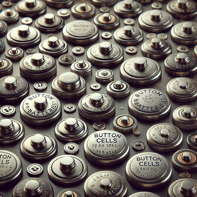 Realistic image of various button cells (button batteries) arranged neatly, featuring small, round, flat batteries with metallic finishes. The image highlights different battery sizes, commonly used in watches, hearing aids, and small electronics, with visible labels and reflective surfaces.