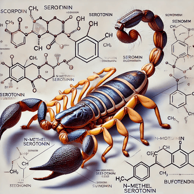 A scientific illustration of the scorpion species Thorellius intrepidus displayed in a realistic pose, with an arrow pointing to its venomous stinger. Above the scorpion, detailed molecular structures of venom components such as serotonin, N-methylserotonin, and bufotenidine are depicted with their molecular formulas. The clean white background and organized layout emphasize the connection between the scorpion's anatomy and the biochemical details of its venom, making it an educational and professional depiction