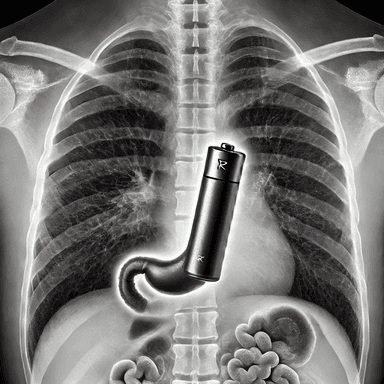 Realistic X-ray image showing a very small cylindrical battery lodged in the esophagus, highlighting the contrast between the battery and surrounding anatomical structures like the ribs and spine. The image emphasizes the medical emergency posed by the battery's obstruction