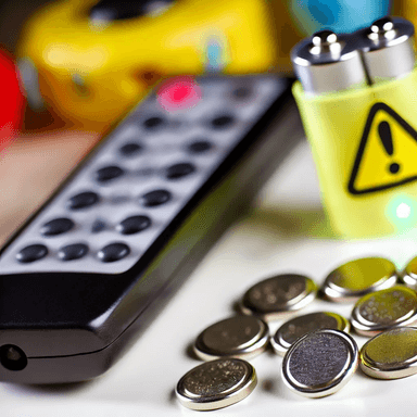 A set of small, flat button batteries next to a remote control and children's toys, with a warning sign indicating the danger of battery ingestion. The image emphasizes the risk posed by button batteries in household electronics and children's play areas