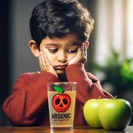 A sad child sitting at a table with a glass labeled 'Arsenic' next to apples, symbolizing concerns over arsenic contamination in apple juice and the potential health risks for children