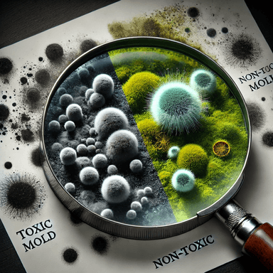 Comparative image showing toxic versus non-toxic molds, highlighting Stachybotrys chartarum (black mold). Toxic mold appears as dark greenish-black patches, while non-toxic mold displays lighter green or white patches, emphasizing the difference in appearance and risk