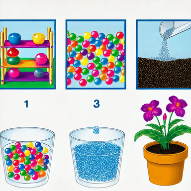 Colorful water beads illustrated in three practical uses: sensory play with a child in a safe environment, decorative vase with vibrant flowers, and soil hydration in a potted plant. Highlighting versatility and popular applications of water beads.