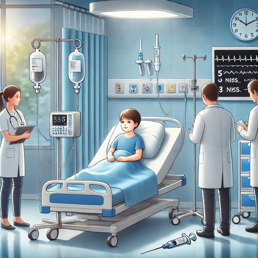 Medical illustration of a 5-year-old child receiving naloxone treatment in a hospital setting, showing medical staff addressing challenges of opioid overdose management with IV equipment and monitors in a professional environment.