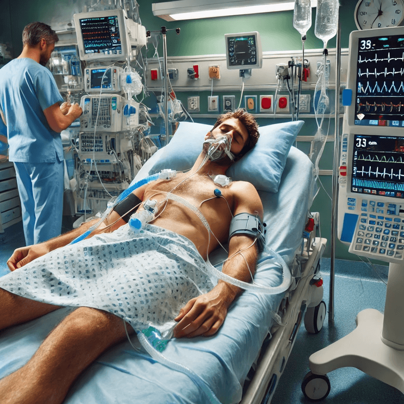 Emergency room scene with an unconscious male patient in a deep coma, connected to a ventilator and medical monitors. The patient, suffering from severe metabolic acidosis after Diclofenac and alcohol overdose, is receiving life-saving treatment from hospital staff. Medical equipment displays vital signs like blood pressure and heart rate, emphasizing the critical condition and urgency of care