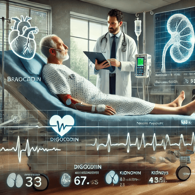 Medical scene of a 67-year-old male patient with digoxin toxicity, monitored for bradycardia and kidney function in a high-tech hospital room