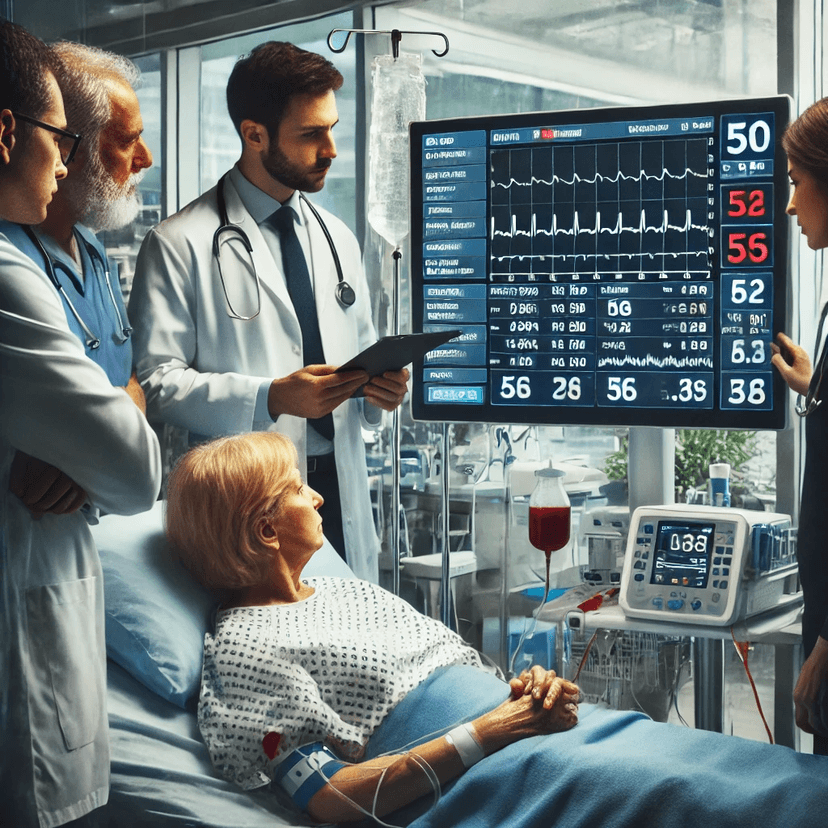 Medical team reviewing lab results of a 50-year-old female patient with severe acidosis, blurred vision, and elevated ketone levels in the ICU, highlighting the complexities of diagnosing metabolic emergencies