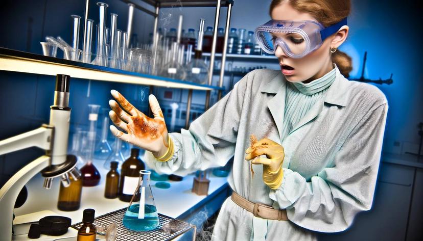 A female scientist in a lab coat and safety goggles looks anxious as she examines her latex-gloved hands with a chemical spill in a laboratory filled with scientific equipment.