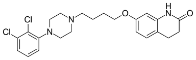 Chemical structure of Aripiprazole, an antipsychotic medication used to treat schizophrenia and bipolar disorder. The molecular diagram illustrates the arrangement of atoms and bonds critical to the drug's pharmacological effects