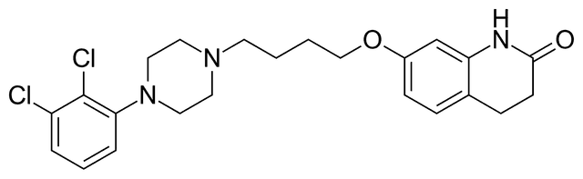 Chemical structure of Aripiprazole, an antipsychotic medication used to treat schizophrenia and bipolar disorder. The molecular diagram illustrates the arrangement of atoms and bonds critical to the drug's pharmacological effects