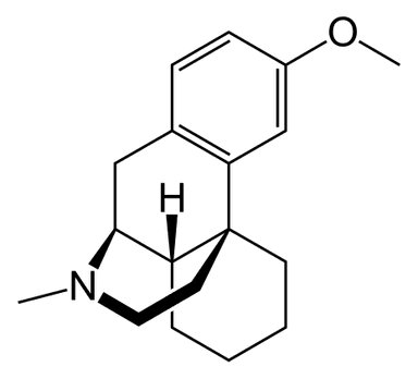 Structural diagram of Dextromethorphan, a common cough suppressant, showing its chemical structure, including molecular bonds and functional groups