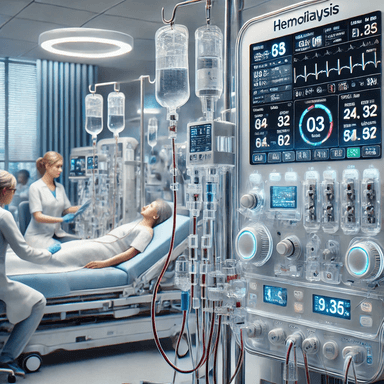 High-tech hemodialysis machine used for poisoning treatment in a modern hospital setting, featuring advanced digital displays, clear tubing, and medical staff monitoring the procedure for effective toxin removal.