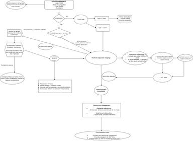 Flowchart detailing the diagnosis and management of water bead ingestion in children, including symptom evaluation, imaging (ultrasound, CT scan, X-ray), obstruction management with surgical consultation, and post-treatment care. Highlights hydration, caregiver education, and follow-up guidelines for effective treatment