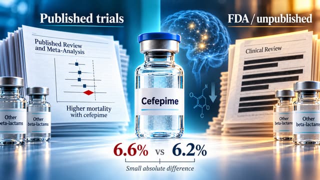 Cefepime vial between published and FDA-provided trial evidence, showing 6.6% versus 6.2% mortality in the 2026 Bayesian meta-analysis.