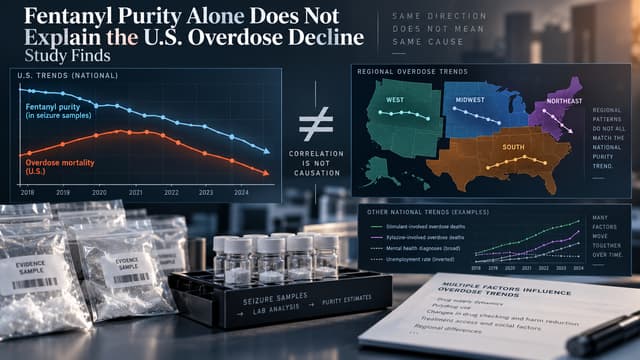 Data graphic comparing fentanyl purity and overdose mortality across U.S. regions, illustrating why one national supply measure cannot explain the decline.