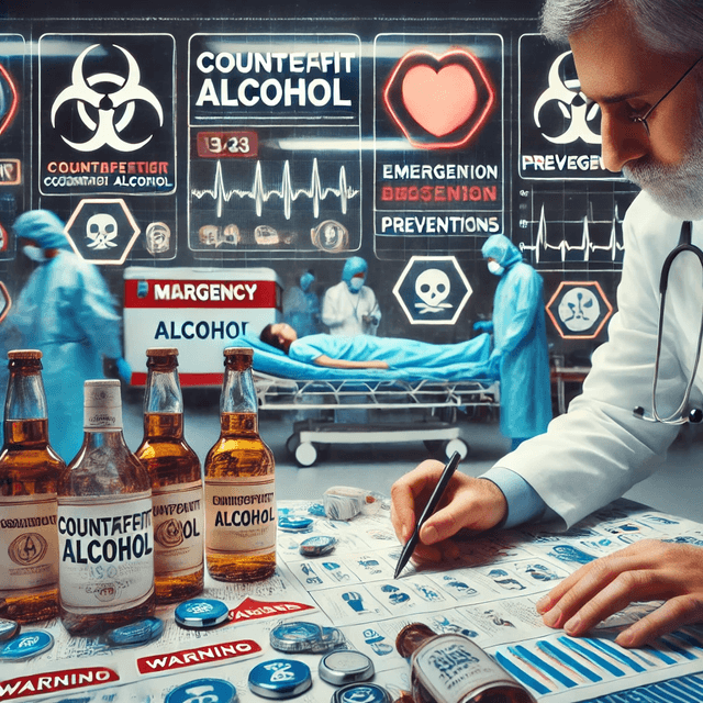 Hospital scene showing the aftermath of alcohol poisoning in Iran, with a medical toxicologist reviewing charts and data on counterfeit alcohol dangers, emergency care for patients, and prevention strategies