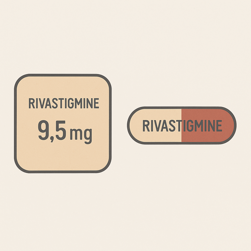 Minimalist illustration of rivastigmine transdermal patch labeled 9.5 mg and a two-toned rivastigmine oral capsule, used as an alternative treatment for anticholinergic toxicity during physostigmine shortage
