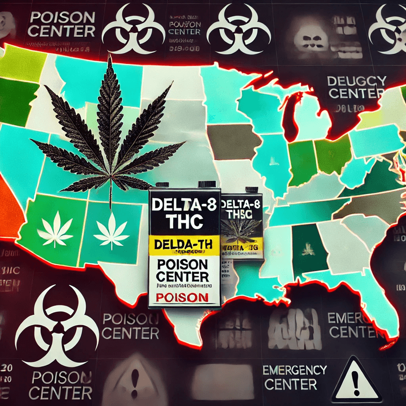 Map of the United States highlighting regions, particularly the Southern US, indicating varying levels of Delta-8 THC exposure, with cannabis leaves and poison center symbols emphasizing the connection between cannabis regulations and public health concerns.