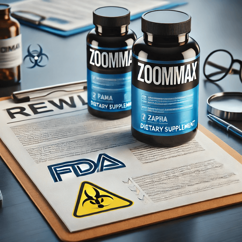 Image of dietary supplement bottles labeled ZoomMax and ZapMax with a caution symbol, indicating an FDA recall due to undeclared drug ingredients. Background includes a clipboard with a recall notice and a subtle FDA logo watermark for added context