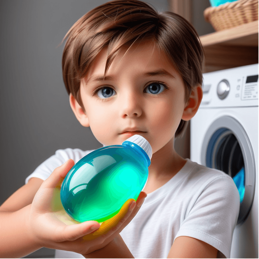 Young child holding a liquid laundry detergent capsule, highlighting the risks and dangers of pediatric poisoning from household cleaning products.