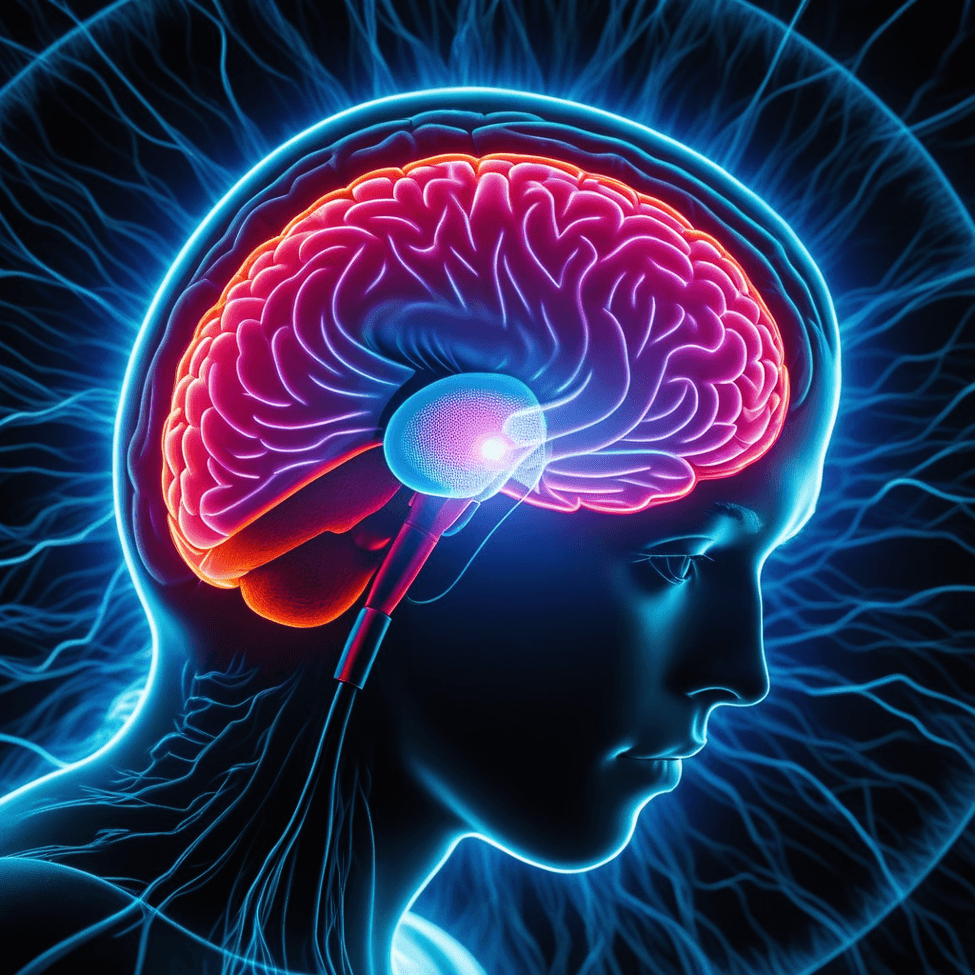 The illustration of the human brain with vibrant highlights and a medical device attached near the ear symbolizes the effects of carbon monoxide poisoning on the brain. Carbon monoxide poisoning can lead to neurological damage, including delayed encephalo