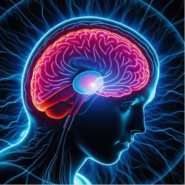 The illustration of the human brain with vibrant highlights and a medical device attached near the ear symbolizes the effects of carbon monoxide poisoning on the brain. Carbon monoxide poisoning can lead to neurological damage, including delayed encephalo