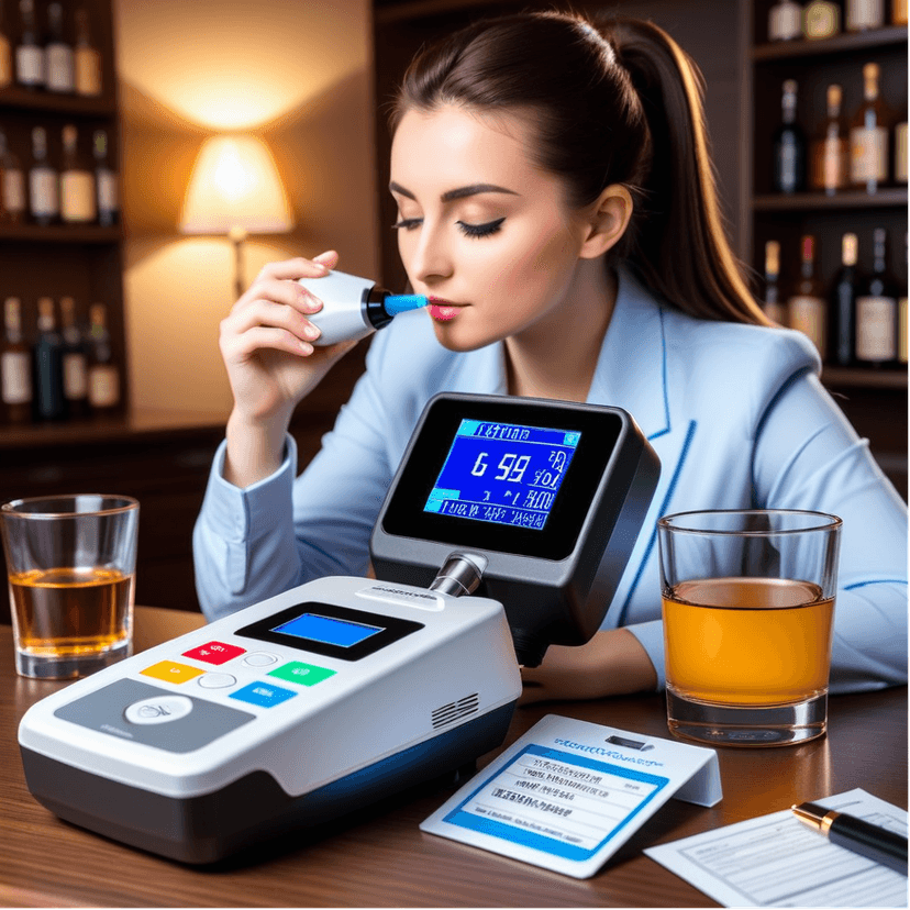 A female researcher using a breathalyzer in a laboratory to diagnose alcohol poisoning, illustrating the novel method combining breathalyzer results with spectrophotometric measurements to differentiate types of alcohol, enhancing diagnostic accuracy in toxicology.