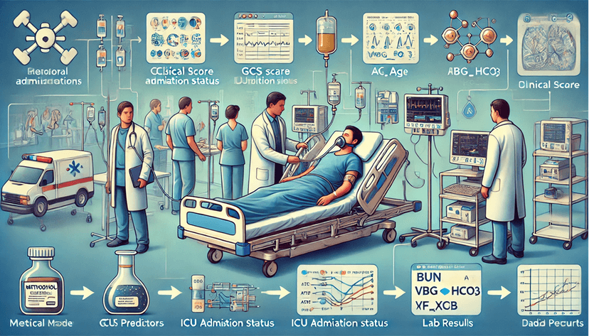 Illustration depicting the intubation needs in methanol-poisoned patients in a hospital ICU setting. The foreground shows a patient in a hospital bed connected to monitoring equipment. Icons represent key clinical predictors such as GCS score, ICU admission status, age, BUN, AST, and VBG_HCO3 lab results. In the background, a flowchart illustrates AI models (LSTM, RF, XGB) with data inputs and prediction outputs. Medical staff are shown performing the intubation process, highlighting the critical nature of this procedure in severe methanol poisoning cases.