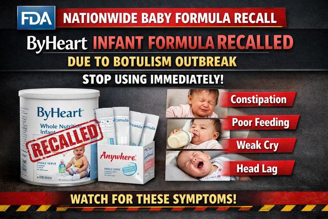 FDA nationwide recall of ByHeart infant formula due to infant botulism outbreak, showing recalled formula containers and warning symptoms including constipation, poor feeding, weak cry, and head lag in babies.