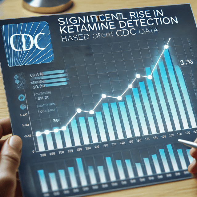 Chart showing a significant rise in ketamine detection based on CDC data, with a bar graph illustrating increasing levels over time. The image includes the CDC logo at the top left and labels indicating various statistics, with a prominent upward trend line and percentage increase displayed in the top right