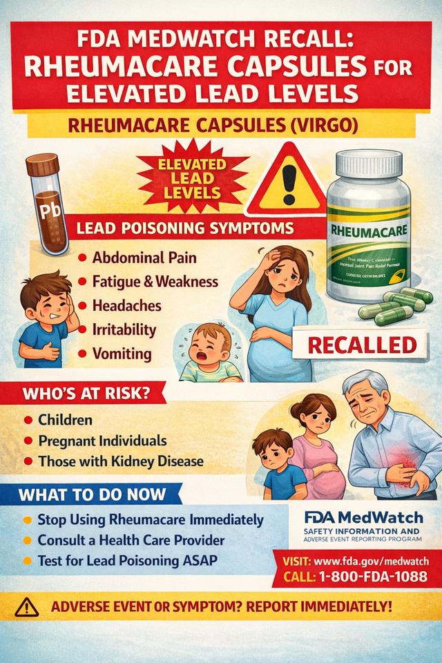 FDA MedWatch recall infographic warning that Rheumacare Capsules (Virgo) contain elevated lead levels, showing lead poisoning symptoms, high-risk groups including children and pregnant individuals, and steps to stop use and seek testing.