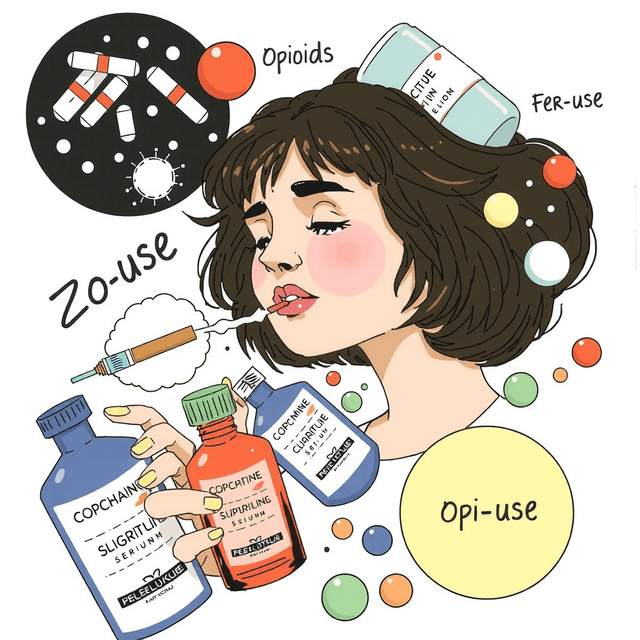 Illustration of opioid and benzodiazepine/Z-drug co-use patterns, depicting a woman surrounded by prescription bottles, pills, and syringes, highlighting the risks of overdose and substance misuse.