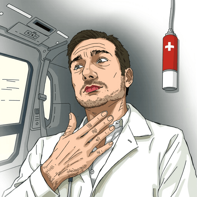 Illustration of a doctor in an emergency setting experiencing symptoms of carbon monoxide poisoning, highlighting the dangers of CO exposure and its medical implications