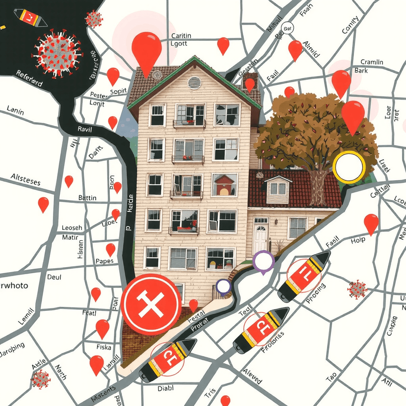 Illustration of housing instability and eviction crisis, featuring a large apartment building overlaid on a city map with eviction markers, pandemic-related symbols, and overdose risk indicators. The image visually represents the connection between eviction, homelessness, and public health crises.