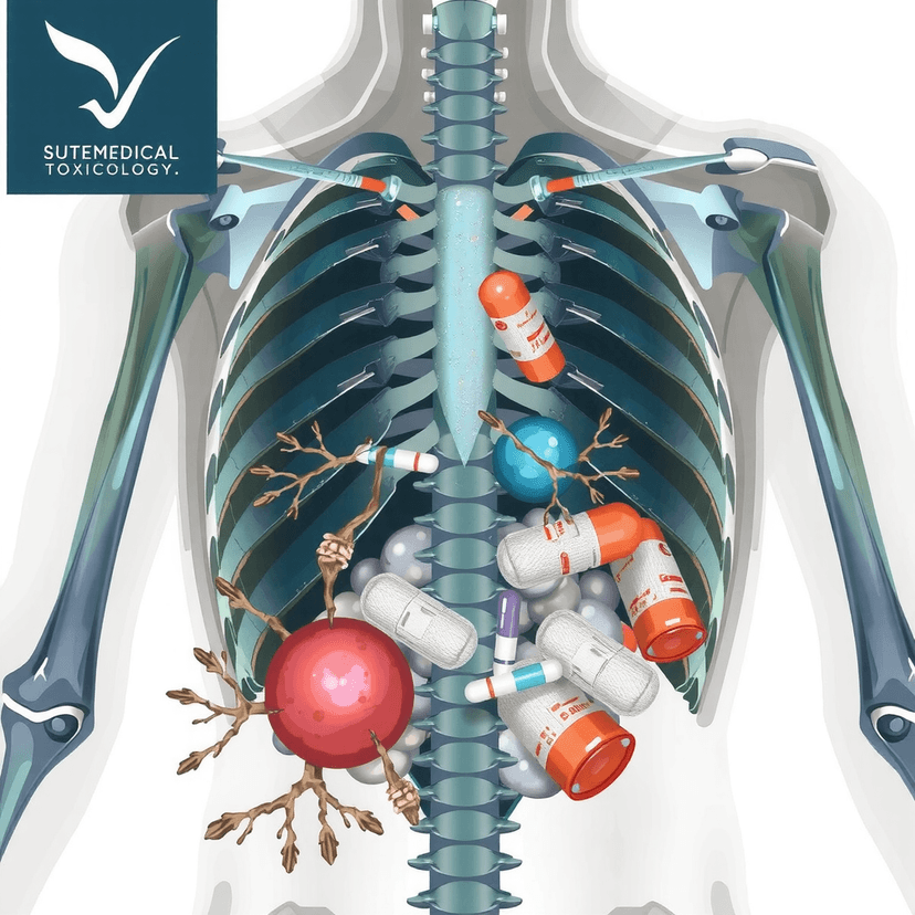 Illustration of methylene blue used in the treatment of refractory hypotension due to polysubstance overdose. Depiction of a human thoracic cavity with medications and neural structures, symbolizing toxicology and critical care interventions. SUTEMEDICAL Toxicology branding included