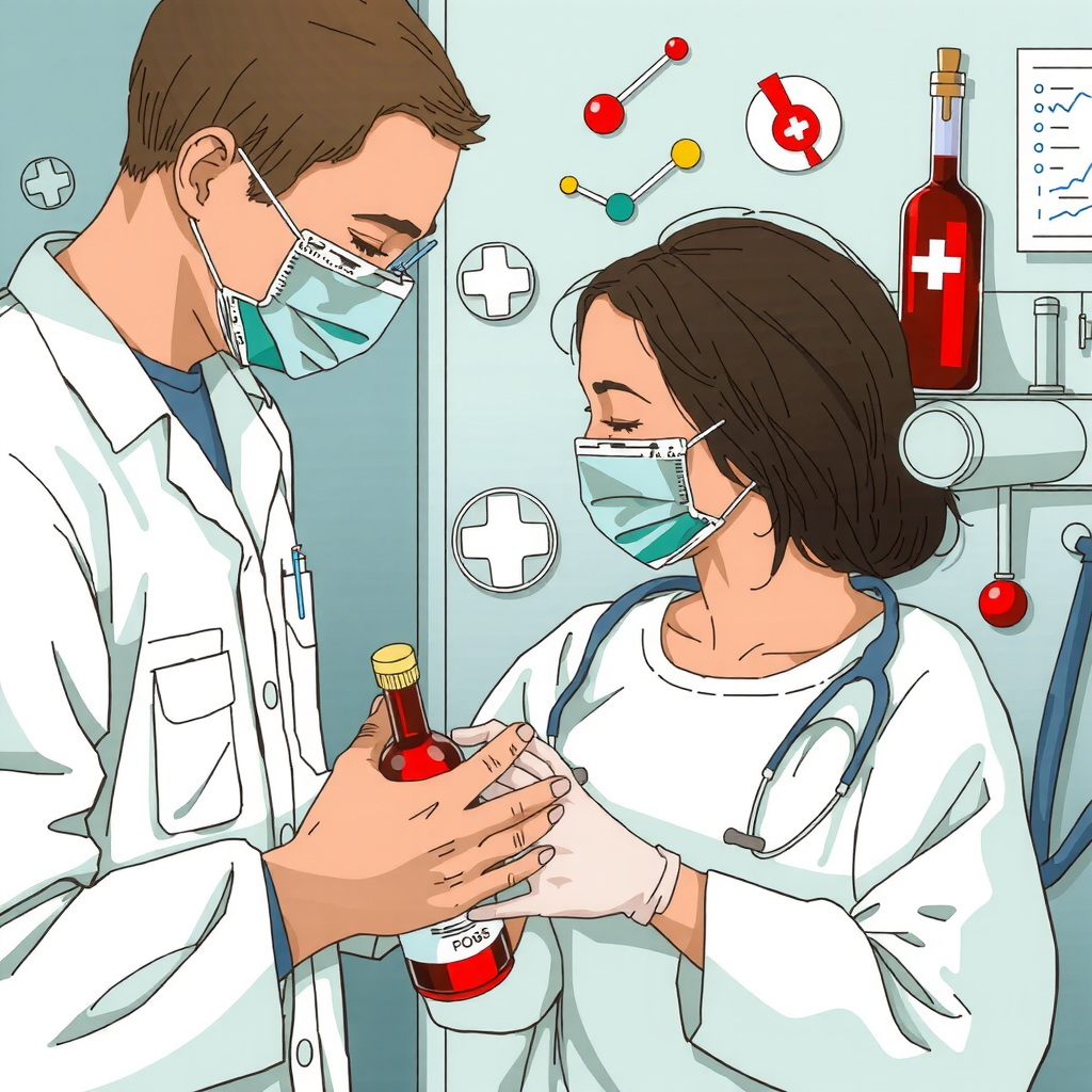 Illustration of medical professionals in a toxicology center analyzing a poisoning case. Related to a study on treatment outcomes of 553 poisoned patients, emphasizing early intervention and aggressive resuscitation