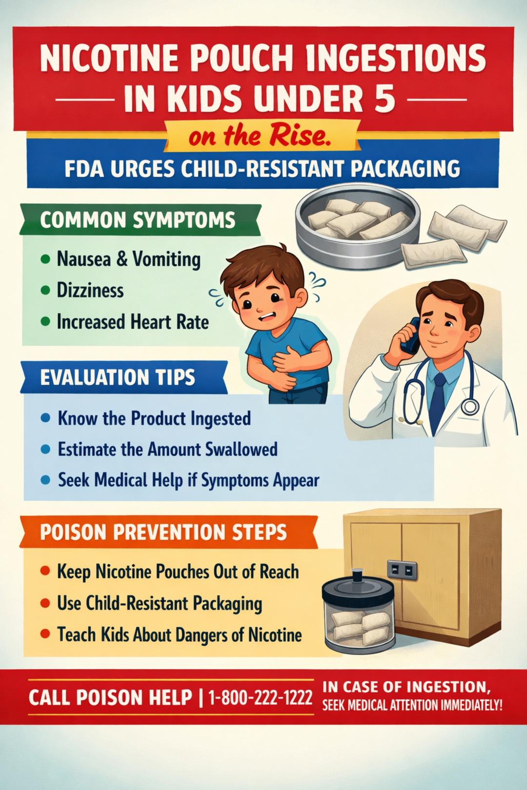 FDA warning infographic showing rising nicotine pouch ingestions in children under 5, highlighting common poisoning symptoms, emergency evaluation tips, and child-resistant packaging and poison-prevention steps for families