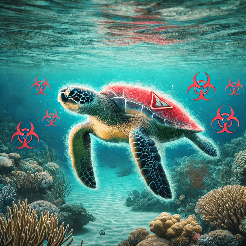 Sea turtle in a tropical ocean, representing hidden dangers of chelonitoxism caused by consuming sea turtles