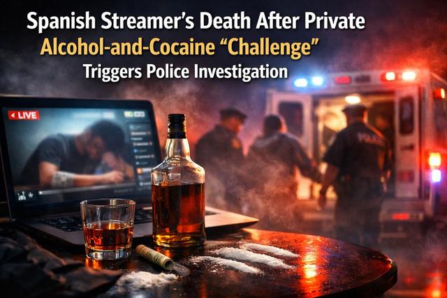 Spanish streamer death news graphic showing a private livestream on a laptop, whiskey bottle and glass on a table, and blurred police/ambulance lights in the background, illustrating alcohol-and-cocaine overdose investigation.