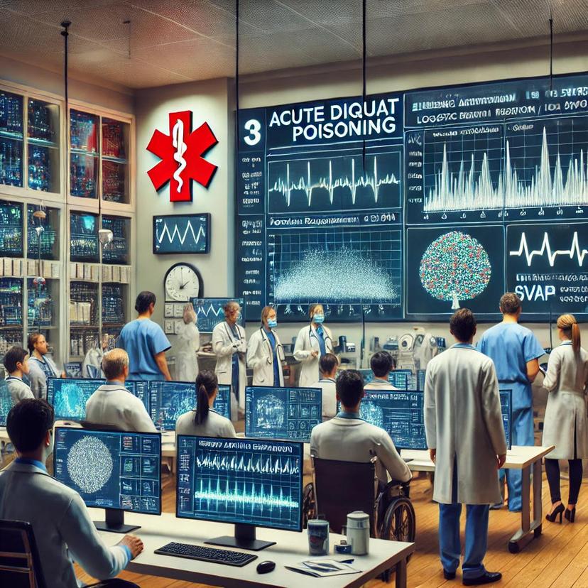 Doctors and researchers in a hospital emergency room analyzing machine learning models on computer screens. The screens display data and graphs related to acute diquat poisoning, highlighting the high predictive accuracy of models like random forest, logistic regression, SVM, and gradient boosting. Medical charts and SHapley Additive ExPlanations (SHAP) values illustrate key risk factors. The scene captures focused collaboration and innovation in using machine learning for predicting death risk in poisoning cases.